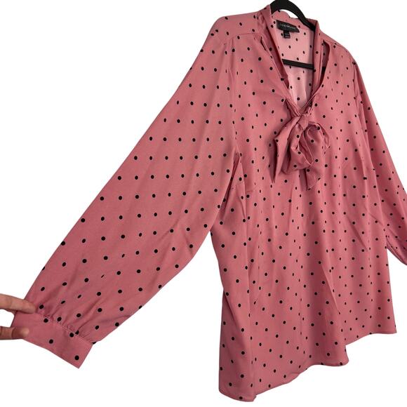 Lane Bryant 2XL Blouse Pink and Black Polka Dot Long Sleeve Tie Neck 18/20 - Picture 5 of 10